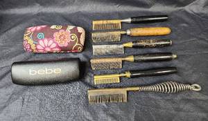 lot 150 image: Antique Hot Pressing Comb Hair Straighteners and Eye Glass Cases