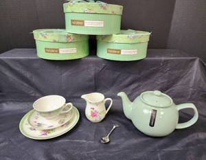 lot 295 image: (3) NIB Ashdene Fine Bone China Teacup, Saucer, Bread Plate, Spoon, Teapot and a Creamer (The Kensington Collection)