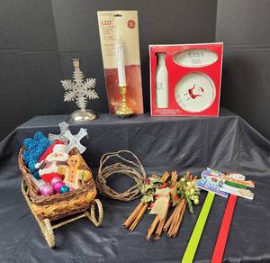 lot 301 image: NIB 3pc. Milk, Cookie Plate, and Reindeer Snack Plate, New LED Flickering Window Candle, Ornaments, and More