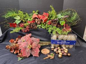 lot 316 image: Christmas Swag, Pinecone Lights, Poinsettias, and More