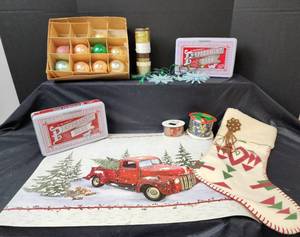 lot 320 image: New Red Truck Dishwasher Magnet, Vintage Glass Bulbs, New Rustic Stocking, and More