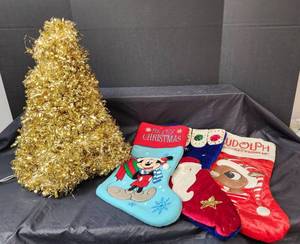 lot 322 image: Small Garland Tree and (3) Christmas Stockings