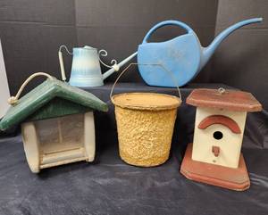 lot 328 image: Bird House, Bird Feeder, Bait Bucket, and (2) Watering Cans