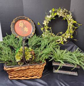 lot 329 image: Basket, Plate, Wreath, Greenery, and More