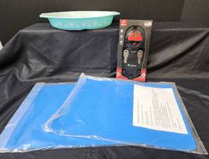 lot 358 image: Vintage Pyrex Dish, Picture Hanging and Leveling Tool, and Reusable Baking Sheet Liners