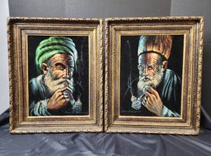 lot 33 image: (2) Vintage Oil Paintings on Black Velour Fabric - Framed (Asian Man Smoking a Pipe) 16.5x21 (Excellent Condition)