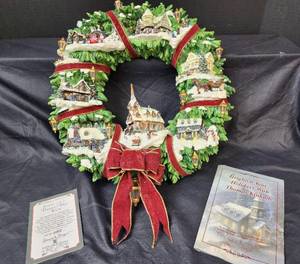 lot 39 image: NIB Thomas Kinkaid Christmas Village Wreath (Lights Up)