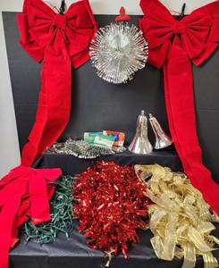lot 372 image: Tote Full of Bows, Christmas Lights, Garland, Silver 3D Hanging Decor, Bells, and More