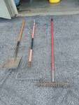 (3) ct. lot yard tools, rakes and shovel, used