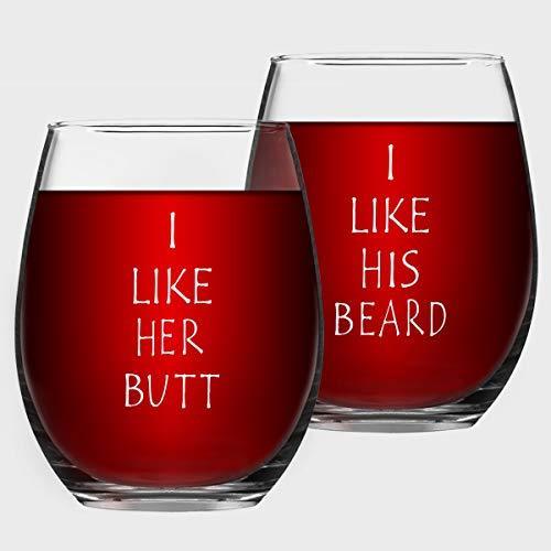 lot 1046 image: I Like His Beard, I Like Her Couples Stemless Wine Glasses, Funny Wedding Engagement Gifts for Husband Wife Bride Groom Mr and Mrs His and Hers Anniversary, 15 Oz, Set of 2 Retail $13.91