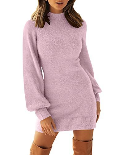 lot 1379 image: Mock Neck Ribbed Long Sleeve Bodycon Pullover Cute Mini Sweater Dress -Small Light Purple