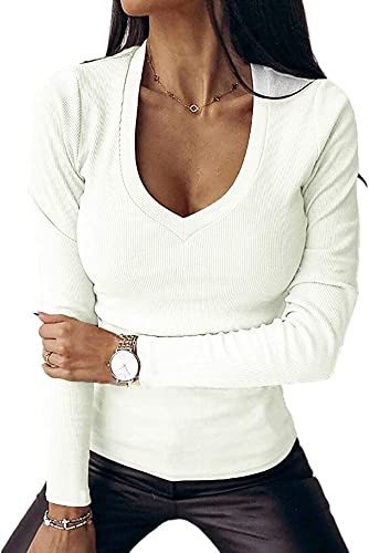 lot 1386 image: Women Casual Deep V Neck Shirts Long Sleeve Ribbed Slim Solid Tunics Basic Tee Shirts Tops A-White Small