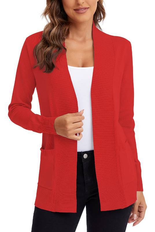 lot 1384 image: Lightweight Open Front Knit Cardigan Sweater Long Sleeve with Pocket (Red, XL) Retail $26.62