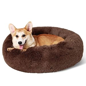 lot 1292 image: Calming Dog Bed for Medium Dogs - Donut Washable Medium Pet Bed, 30 inches Anti-Slip Round Fluffy Plush Faux Fur Cat Bed, Fits up to 45 lbs Pets, Coffee Retail $45.20