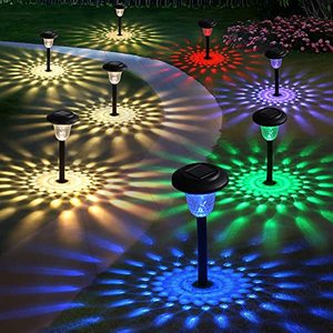 lot 1311 image: 6 Pack Solar Garden Lights Decorative Solar Pathway Lights Outdoor Lawn Lights Solar Powered Waterproof Yard Patio LED Walkway Stake Color Changing Landscape Lights Black Retail $36.98