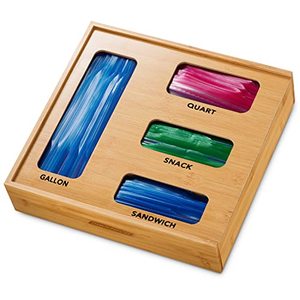 lot 1054 image: Bamboo Ziplock Bag Drawer Organizer Storage Box Baggie Holder for Kitchen Drawer or Wall Mount, Compatible with Gallon, Quart, Sandwich, And Snack Variety Size Bags, 1 Box 4 Slots Retail $22.99