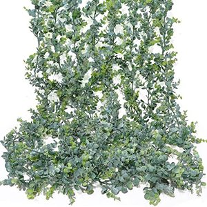 lot 1059 image: 5 Pcs 5.9ft Artificial Eucalyptus Garland Greenery Eucalyptus Leaves Vines Faux Silk Silver Dollar Eucalyptus Vines Plants for Wedding Party Tables Centerpieces Backdrop Arch Wall (Stylish Style) Retail $57.99