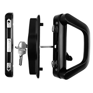 lot 1074 image: Sliding Patio Door Handle Set with Mortise Lock Fits Sliding Glass Patio Door Thickness from 0.75inch to 1.4inch, 4-1516inch Screw Holes, Lock Outside, Reversible Design (Keyed, Black) Retail $30.92
