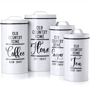 lot 1002 image: Canisters Sets for the Kitchen, Airtight Kitchen Canisters for Countertop, Flour and Sugar Containers, Tea Coffee Sugar Canister Set, Coffee Bar Decor and Accessories, Set of 4, White Retail $24.95