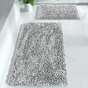 lot 1003 image: Bathroom Rugs Sets 2 Piece, Luxury Shaggy Extra Thick Bathroom Rugs, Plush Non-Slip Mats for Bath Room Floor, Machine Wash, Ultra Absorbent, 44.1 x 24  24 x 17 Inches, Light Grey Retail $48.99