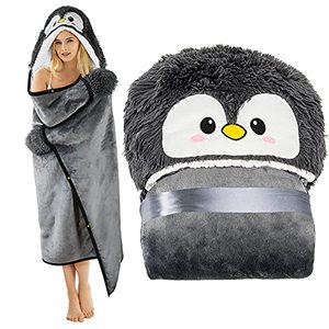 lot 1017 image: Penguin Wearable Hooded Blanket for Adults Fuzzy Super Soft Warm Cozy Plush Flannel Fleece & Sherpa Hoodie Throw Cloak Wrap - Penguin Gifts for Women Adults Girls and Kids Retail $44.96