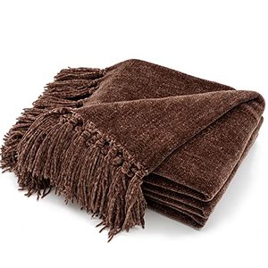 lot 1020 image: Throw Blanket Soft Cozy Chenille Throw Blanket with Fringe Tassel for Couch Sofa Chair Bed Living Room Gift (Brown, 60 x 80) Retail $35.99
