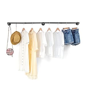 lot 1024 image: Industrial Pipe Clothing Rack, 70 Inch Wall Mounted Clothes Rack, Wall Racks Hangers Laundry Room for Hanging Clothes, Closet Rods Heavy Duty, Display Rack for Retail, Black with 4 Hooks Retail $32.99