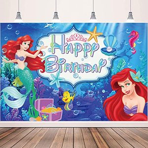 lot 1040 image: Happy Birthday Backdrop, Under The Sea Little Mermaid Party Supplies for Girls Ariel Mermaid Princess Banner Cartoon Theme Party Decorations Retail $14.99