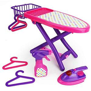 lot 1080 image: Pretend Play Laundry Playset - Pink and Purple Laundry Toys with Ironing Board, Toy Iron, Spray Bottle, Hangers and Toy Storage Basket for Kids and Toddlers Retail $22.99