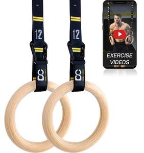 lot 1082 image: Double Circle Wood Gymnastic Rings 1.25 Inch, with Quick Adjust Numbered Straps and Exercise Videos Guide for Full Body Workout, Crossfit, and Home Gym Retail $74.97
