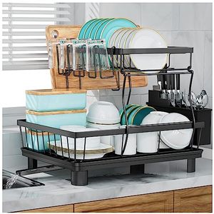 lot 1090 image: Large Dish Drying Rack for Kitchen Counter, Detachable Large Capacity Dish Drainer Organizer with Utensil Holder, 2-Tier Dish Drying Rack with Drain Board, Black Retail $39.99