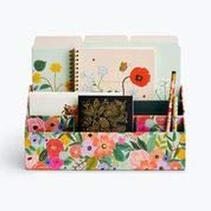 lot 1096 image: Garden Party Desk Organizer, Features Full Color Garden Party Print and Metallic Gold Foil Accents, Back Section File Folder with Front Section for Notepads Retail $29.99