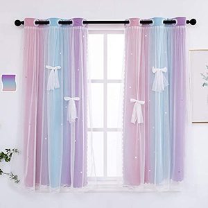 lot 1104 image: Curtains for Girls Bedroom Kids Curtain Hollow-Out Star Window Nursery Curtain 63 inches Length Room Darkening Grommet 2 Layers (Pink Purple, W34 X L63) Retail $24.32
