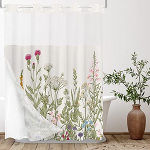 lot 1105 image: No Hooks Snap in Liner Vintage Wildflower Botanical Herbs Shower Curtain Sets, Hotel Luxury Double Layers Waterproof Fabric & See-Through Top Window Bathroom Decorative 71x71 Inch Retail $40.99