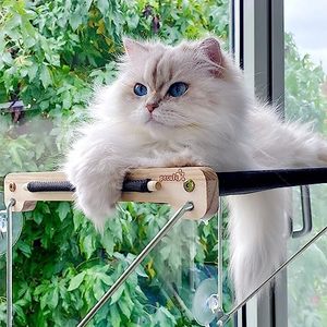 lot 1121 image: Cat Window Perch, Cat Hammock for Window with Metal Supported Below, Wooden Frame, Strong Cat Suction Hammock with Breathable Mesh for Indoor Cats Sunbathing, Napping & Overlooking Retail $24.32