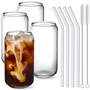 lot 1123 image: Drinking Glasses with Glass Straw 4pcs Set - 16oz Can Shaped Glass Cups for Beer, Iced Coffee, Tumbler Cup for Whiskey, Soda, Tea, Water, Gift - 2 Cleaning Brushes Retail $24.45