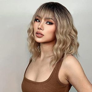 lot 1127 image: Short Blonde Wig with Bangs Blonde Bob Wig Heat Resistant Natural Looking Synthetic 12inch Short Wigs for White Women Colorful Cosplay Wigs Retail $22.53