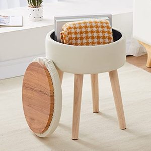 lot 1136 image: Storage Ottoman Linen Round Vanity Stool Tray Top Modern Foot Stool with Wood Legs Multifunctional Upholstered Foot Ottoman Rest for Living Room, Bathroom, Makeup (White) Retail $49.99