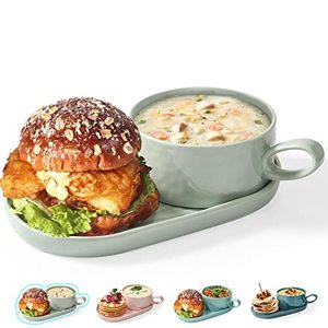 lot 1142 image: Soup and Sandwich Plate Combo, 16 oz Soup BowlsMugsCups with Handles in 9.85-inch Ceramic Plates, Mint Green Retail $29.95