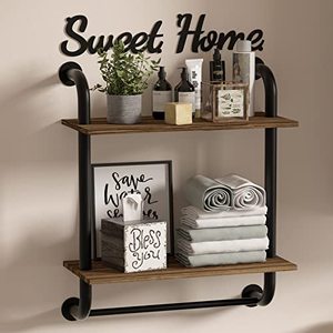 lot 1166 image: Bathroom Shelves Wall Mounted, Rustic Farmhouse Pipe Shelves, 2-Tier, Industrial Shelving, Floating Shelf Decor for Bathroom, Kitchen, Bedroom, Living Room 17.3 inch Retail $29.88