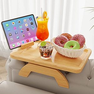lot 1172 image: Sofa Arm Tray Bamboo Clip on Side Table Foldable 360° Rotating Phone Holder, 5-11 Inches Retail $38.35