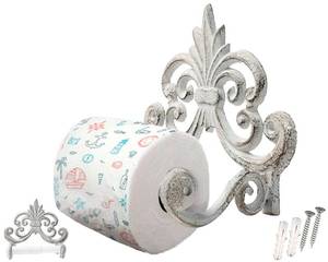 lot 1176 image: Decorative Cast Iron Fleur De Lis Toilet Paper Roll Holder - Wall Mounted, Antique White, Vintage Rustic Design - Bathroom Accessory with Easy Installation - Included Screws and Anchors Retail $21.99
