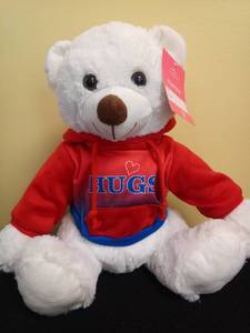 lot 1186 image: White Teddy Bear With Hoodie That Says Hugs Retail $10