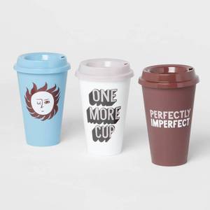 lot 1194 image: 16oz 3pk Plastic Reusable Coffee Cup with Designs - Room Essentials Retail $11.99