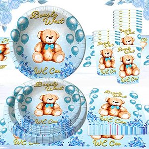 lot 1200 image: We Can Barely Wait- 99 PCS For 16 Guests Blue Teddy Bear Baby Shower Party Supplies Teddy Bear Baby Shower Decorations Tableware Retail $24.99