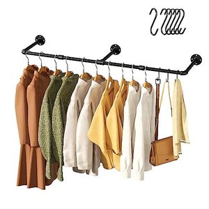 lot 1206 image: Vintage Clothes Rack, 48 Industrial Pipe Wall Mount Garment Rack, Space-Saving Heavy Duty Clothes Hanger for Closet Storage, 3 Bases, 1-Pack with 4 S-Hooks, Industrial Pipe Wall Mounted Closet Rod Retail $24.99