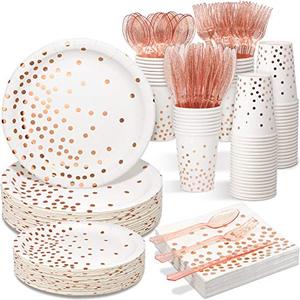 lot 1222 image: White and Rose Gold Party Supplies - 350 PCS Disposable Dinnerware Set Retail $37.11
