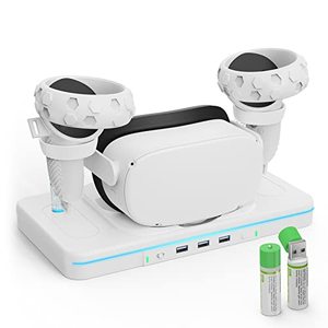 lot 1266 image: VR Charging Station for Oculus Quest 2Meta Quest 2, CODOGOY Charging Dock Supports LED IndicatorCharging Headset, with 2 Rechargeable Batteries&USB Charging Cable, Support Elite Strap with Battery Retail $42.78