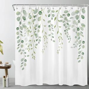 lot 1267 image: Green Leaves Shower Curtain for Bathroom, Spring Watercolor Plant Floral Round Eucalyptus Green Leaf Fabric Bathroom Decor Set with Shower Curtain Hooks, 72x72 Inch Retail $20.08