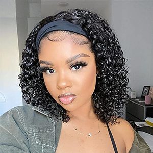 lot 1274 image: 12 Inch Headband Wig Human Hair Curly Wave Headband Wigs for Black Women Brazilian None Lace Front Wigs Glueless Deep Wave Human Hair Natural Black Headband Wig (150% Density Retail $53.88